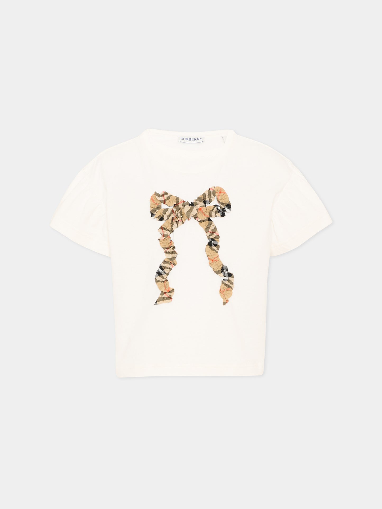 T-shirt avorio per bambina con fiocco check vintage,Burberry Kids,8129919 A2014