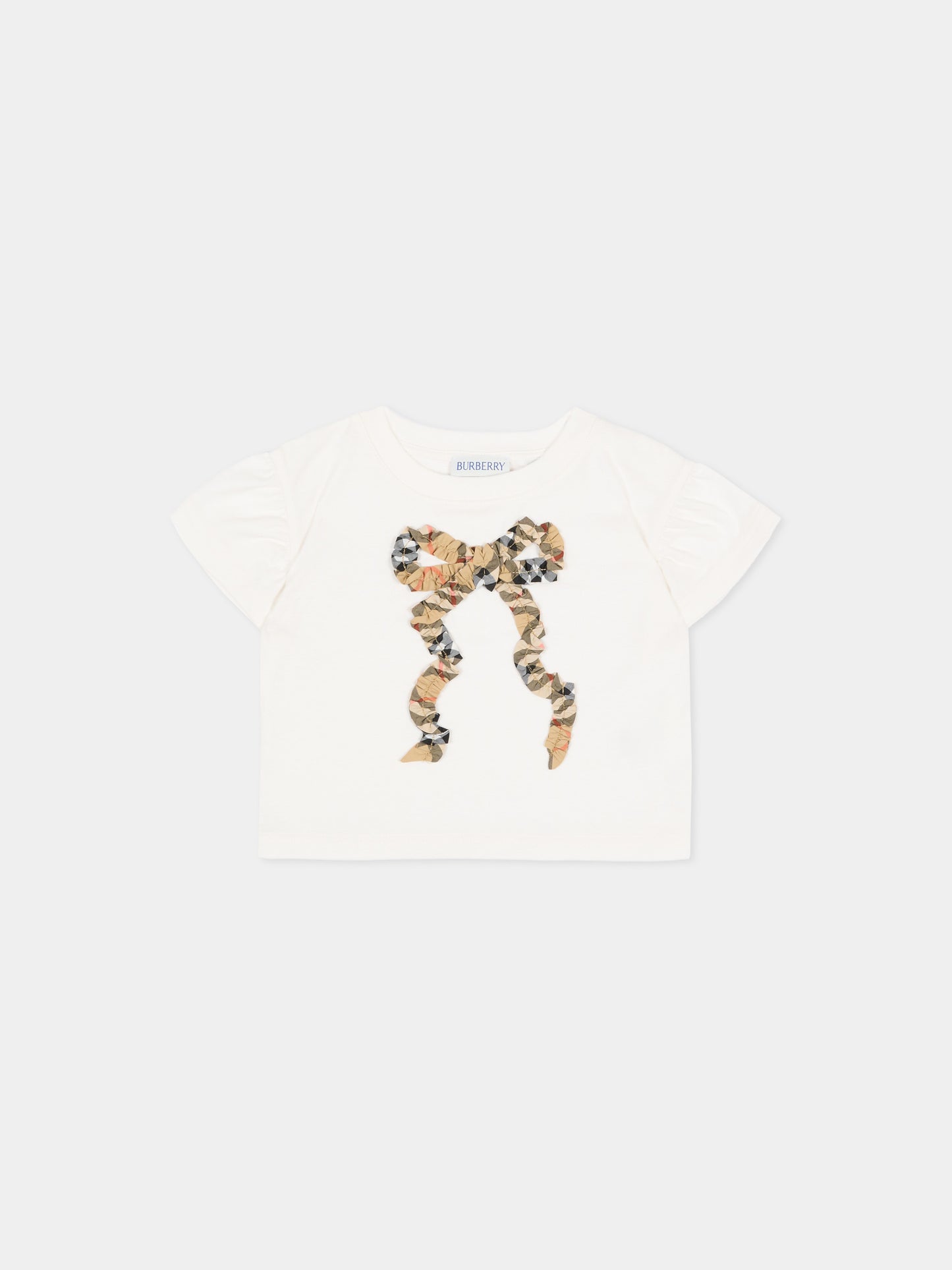 T-shirt avorio per neonata con fiocco check vintage,Burberry Kids,8129936 A2014