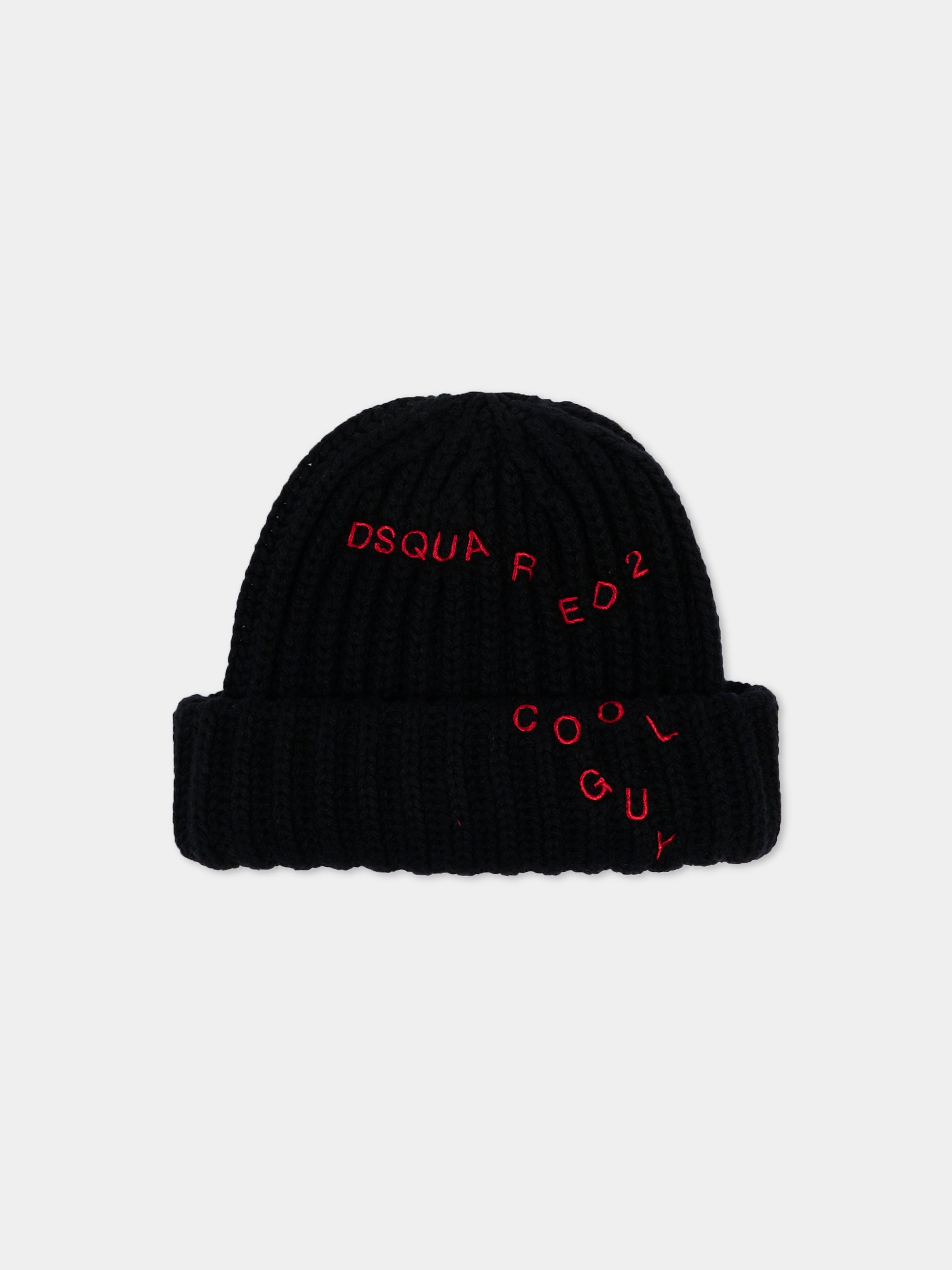 Berretto nero con logo ricamato per bambini,Dsquared2,DQ3527 D0AJQ DQ900