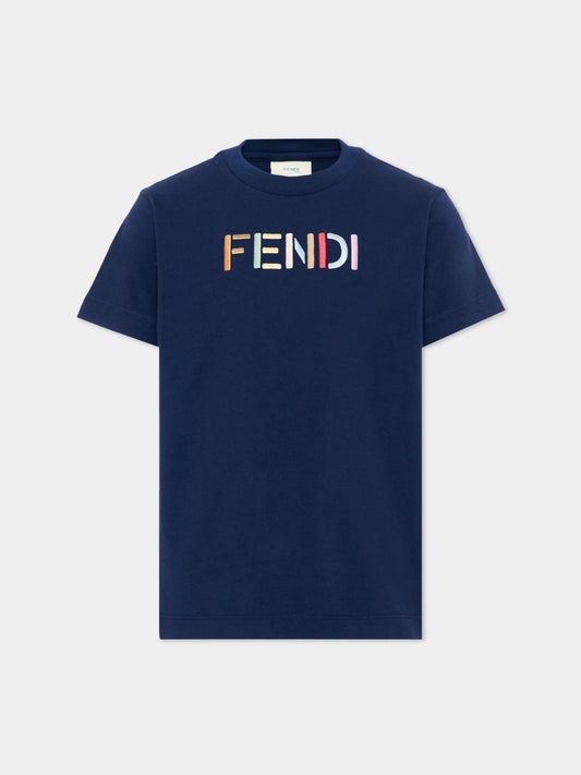 T-Shirt blu per bambino con logo,Fendi Kids,JUI208 AY8D F1I11