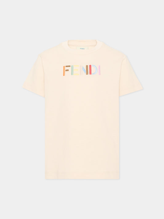 T-Shirt beige per bambini con logo,Fendi Kids,JUI208 AY8D F0XW5