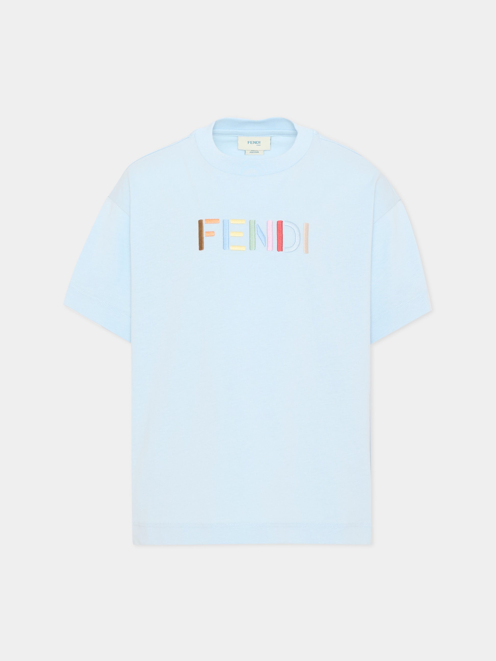T-Shirt celeste per bambino con logo,Fendi Kids,JUI207 AY8D F0EX7