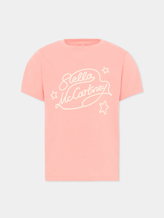 T-Shirt rosa per bambina con logo e stelle,Stella Mccartney Kids,TZ8B41 Z3931 51Q