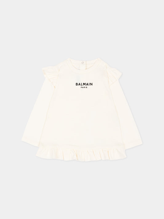 T-shirt a manica lunga avorio per neonata con logo,Balmain Kids,BZ8010 Z3672 102NE
