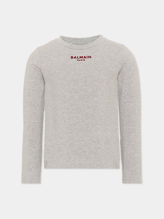 T-Shirt a manica lunga grigia per bambini con logo,Balmain Kids,BZ8A70 Z4008 806BD