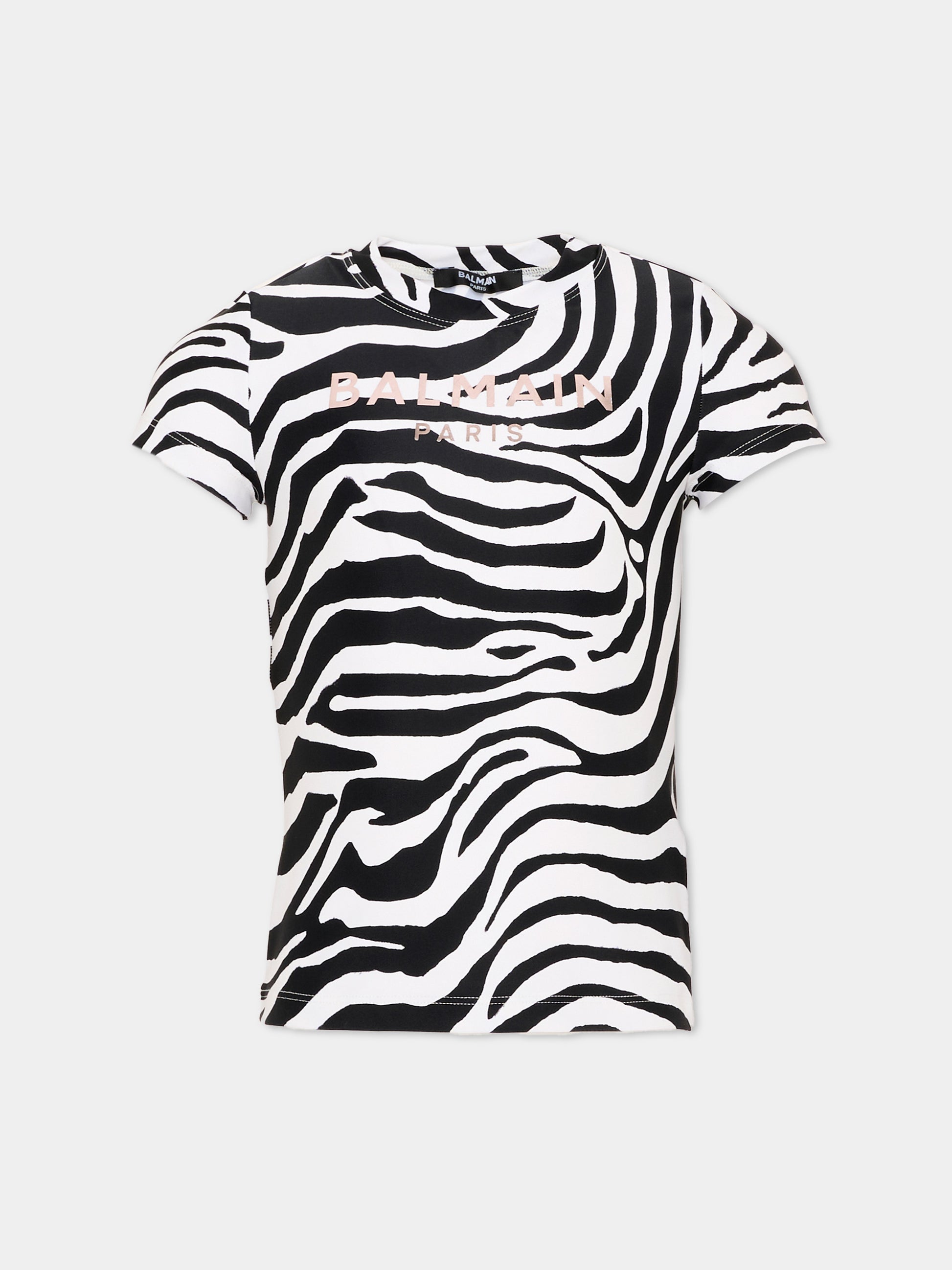 T-Shirt multicolor per bambina con stampa zebrata e logo,Balmain Kids,BZ8B21 Z4178 100NE