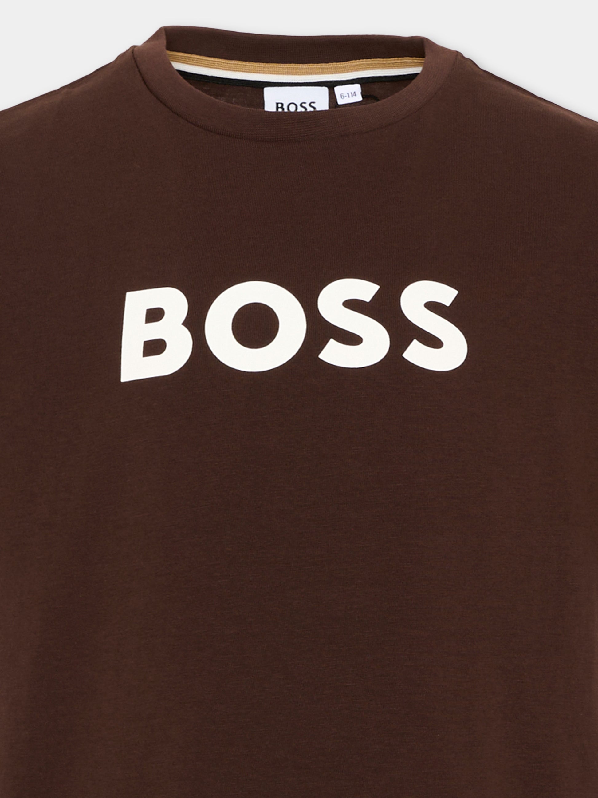 T-Shirt marrone per bambino con logo,Boss,J52711 343