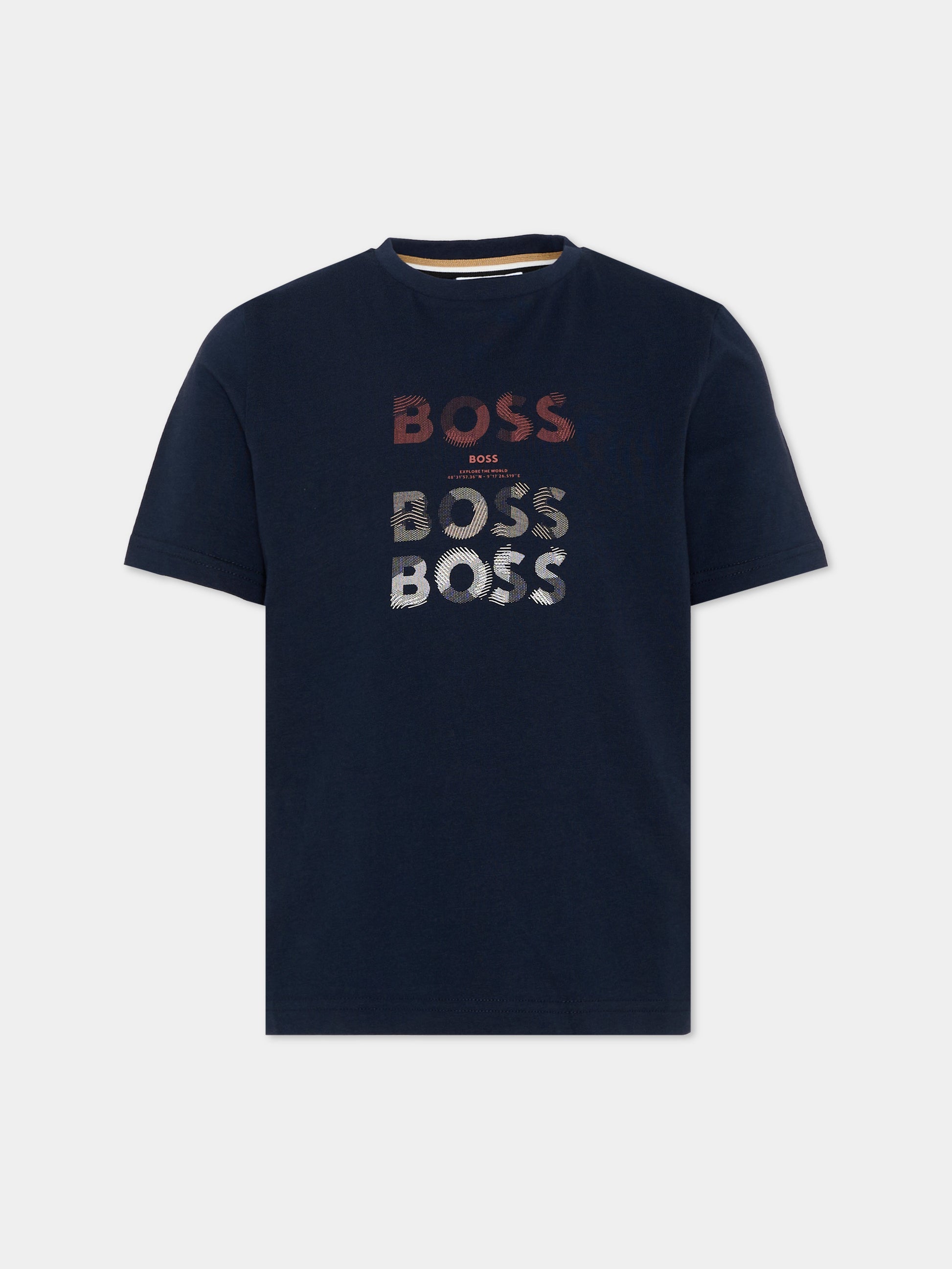 T-Shirt blu per bambino con logo,Boss,J53410 849