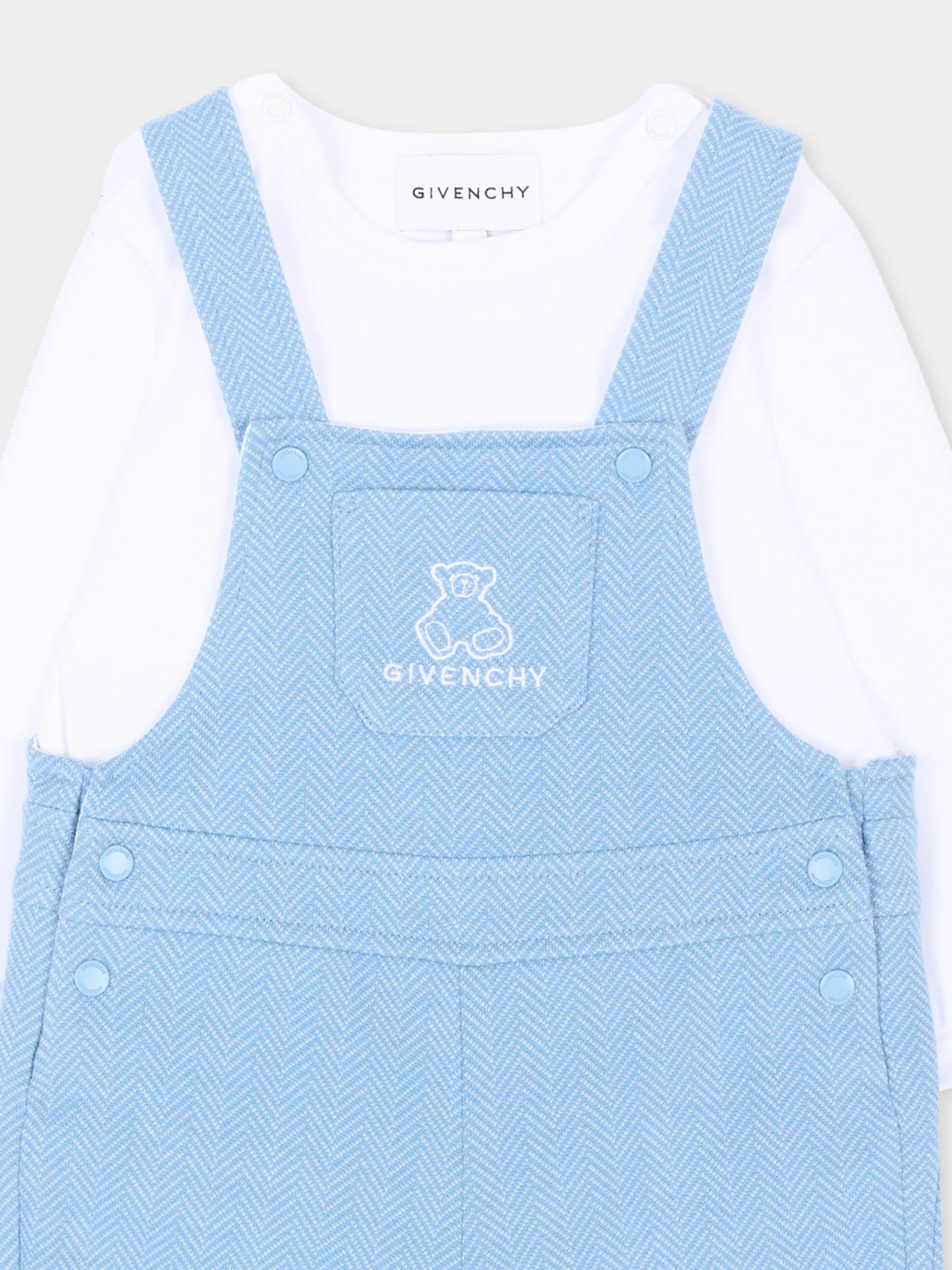 Salopette azzurra per neonato con ricamo,Givenchy Kids,H31538 783