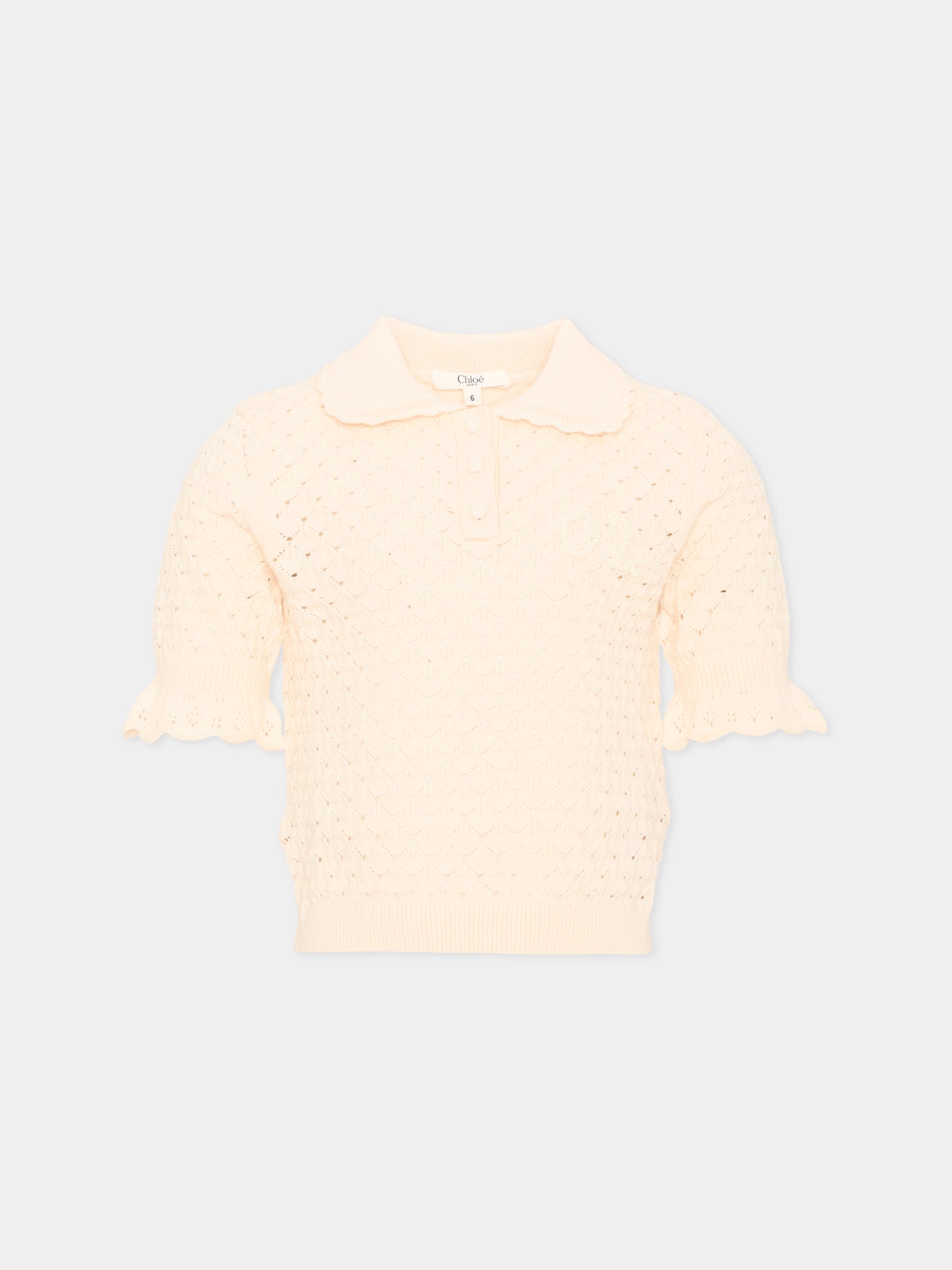Polo a manica corta avorio traforata in maglia per bambina,Chloé Kids,C21296 148