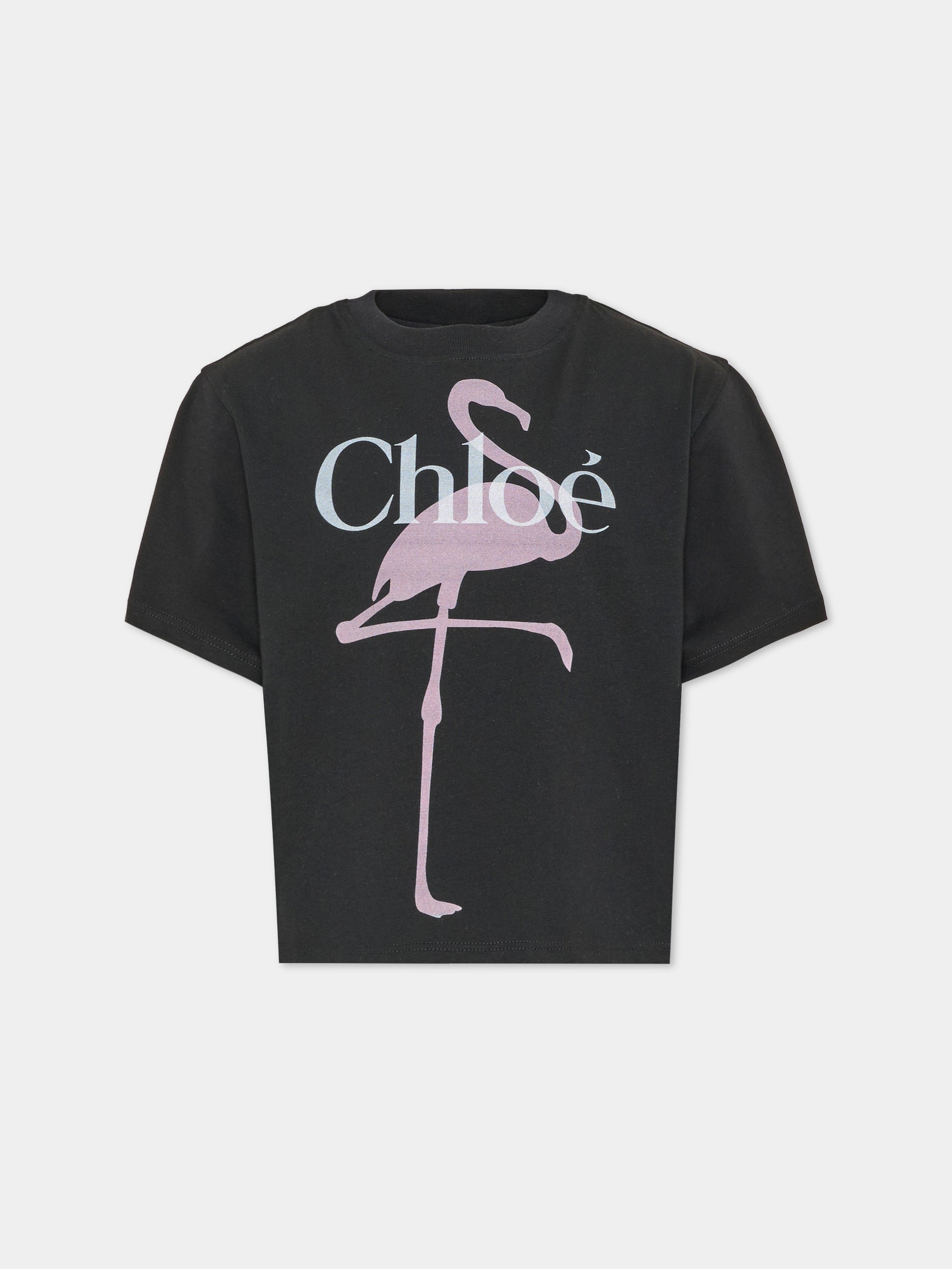 T-shirt nera per bambina con stampa,Chloé Kids,C21300 09B