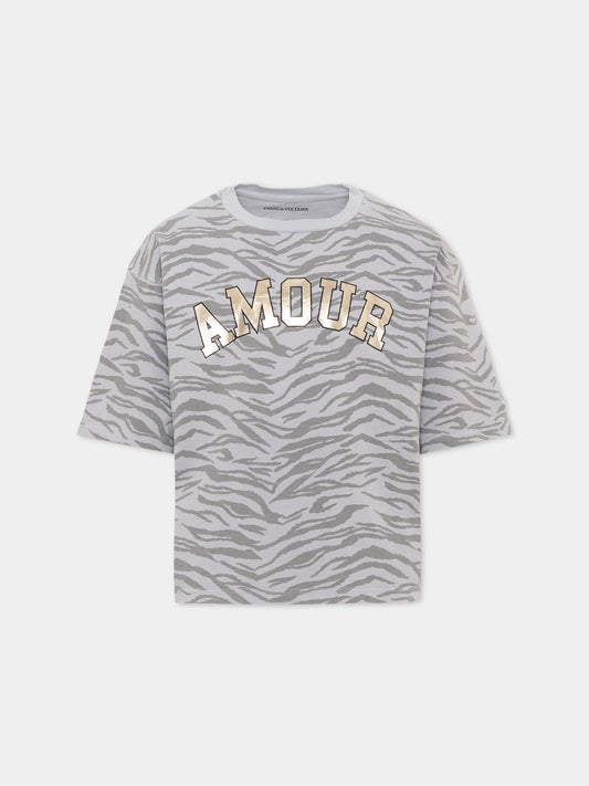 T-shirt grigia per bambina con stampa animalier,Zadig & Voltaire Kids,X60790 08E