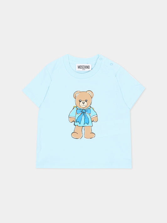 T-shirt a manica corta celeste per neonato con teddy bear,Moschino Kids,M7M047 LAA10 40304