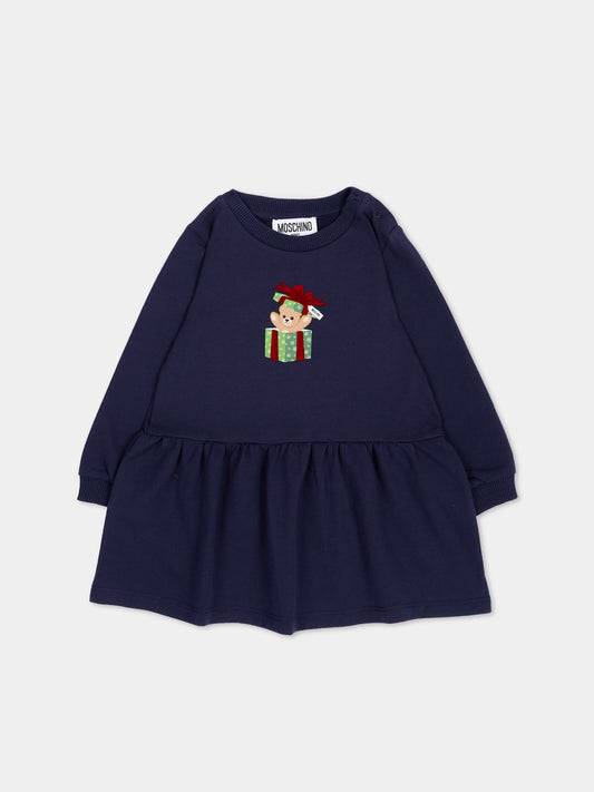 Vestito blu per neonata con Teddy Bear,Moschino Kids,MDV0DO LCA61 40016