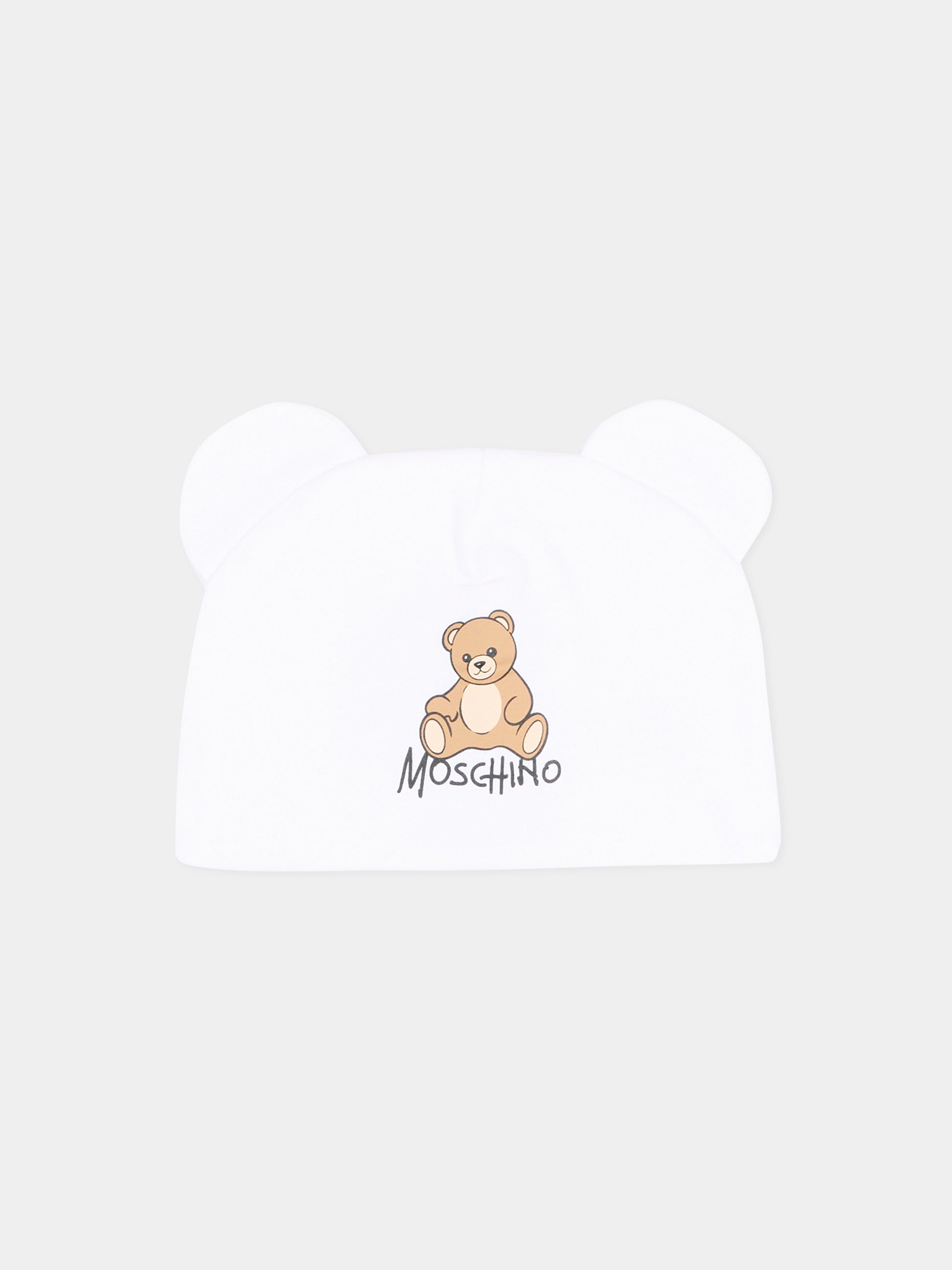 Cappello bianco per neonati con Teddy Bear,Moschino Kids,MMX05H LCA40 10101