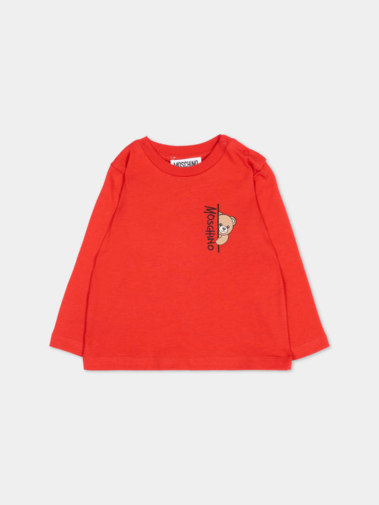 T-Shirt a manica lunga rossa per neonati con Teddy Bear,Moschino Kids,MNO014 LAA58 50109