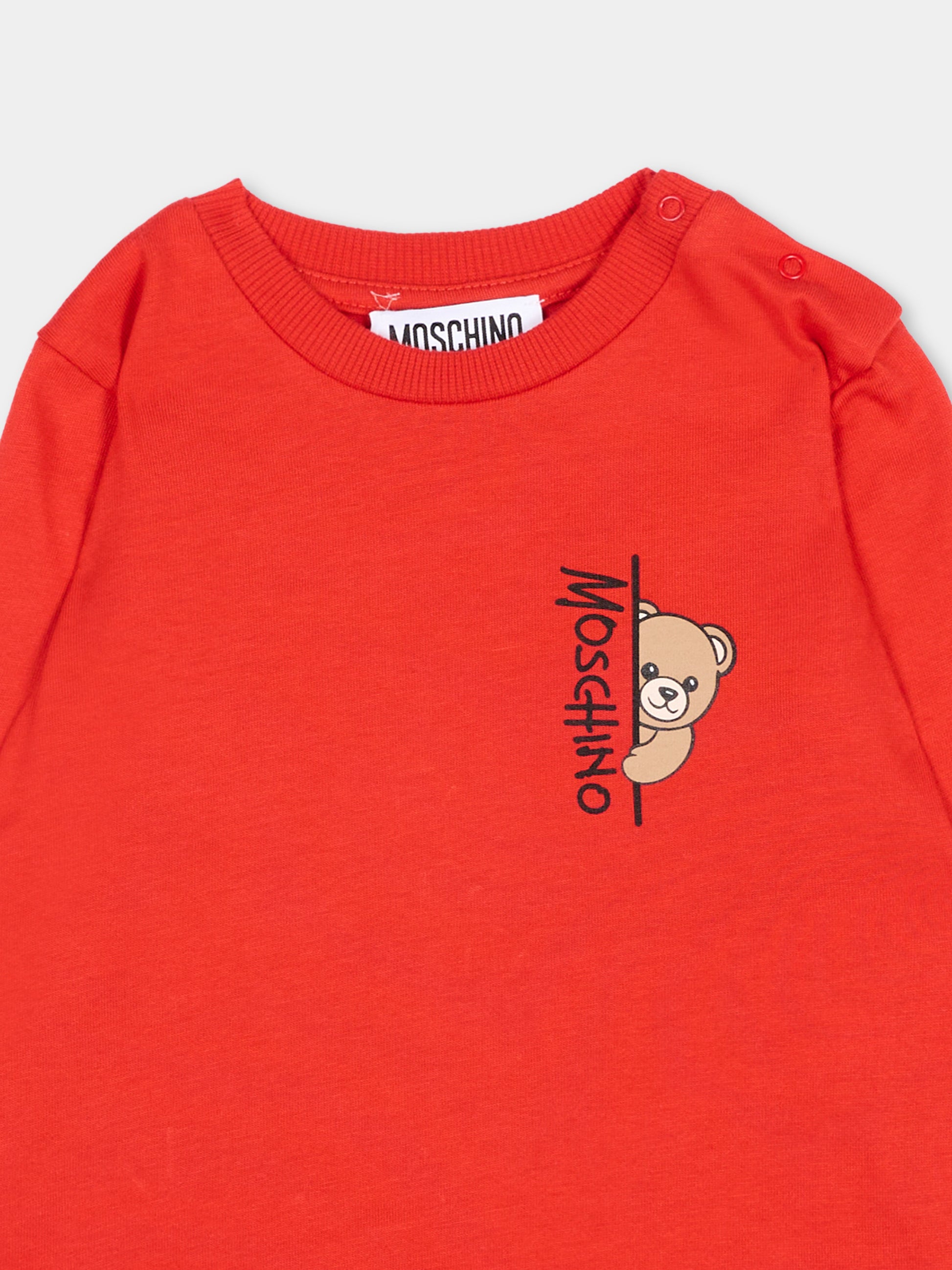 T-Shirt a manica lunga rossa per neonati con Teddy Bear,Moschino Kids,MNO014 LAA58 50109