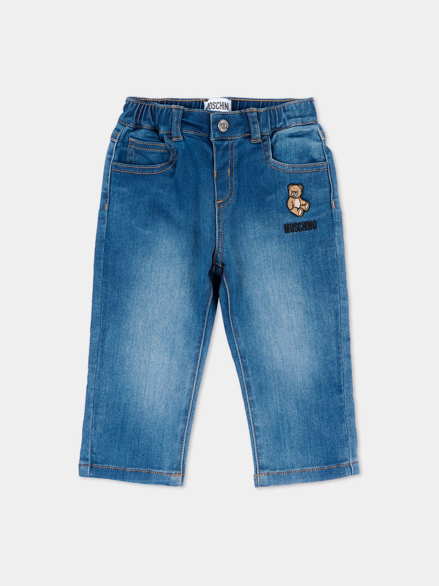 Jeans blu per neonati con teddy bear,Moschino Kids,MUP065 LXE43 40332
