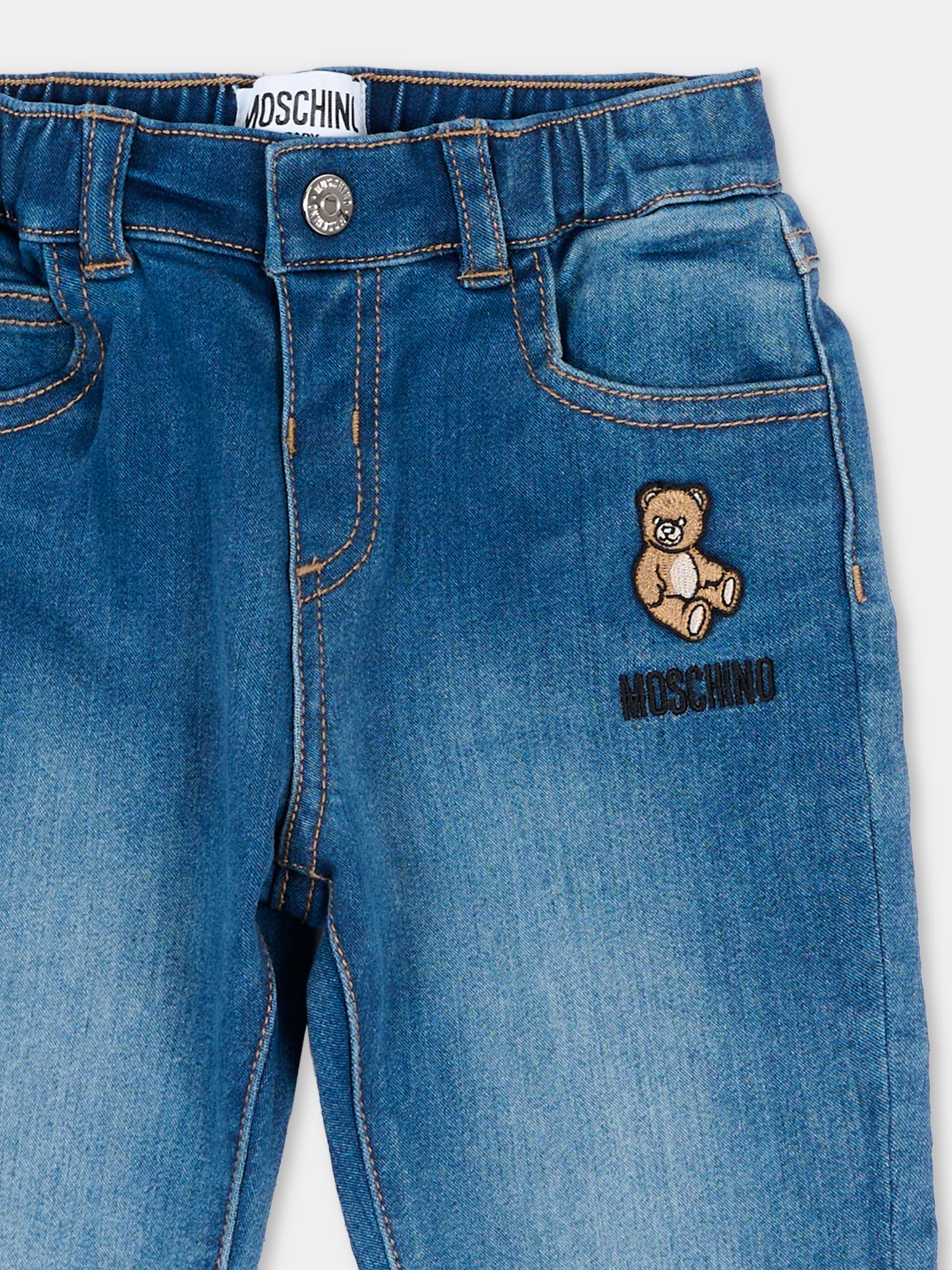 Jeans blu per neonati con teddy bear,Moschino Kids,MUP065 LXE43 40332