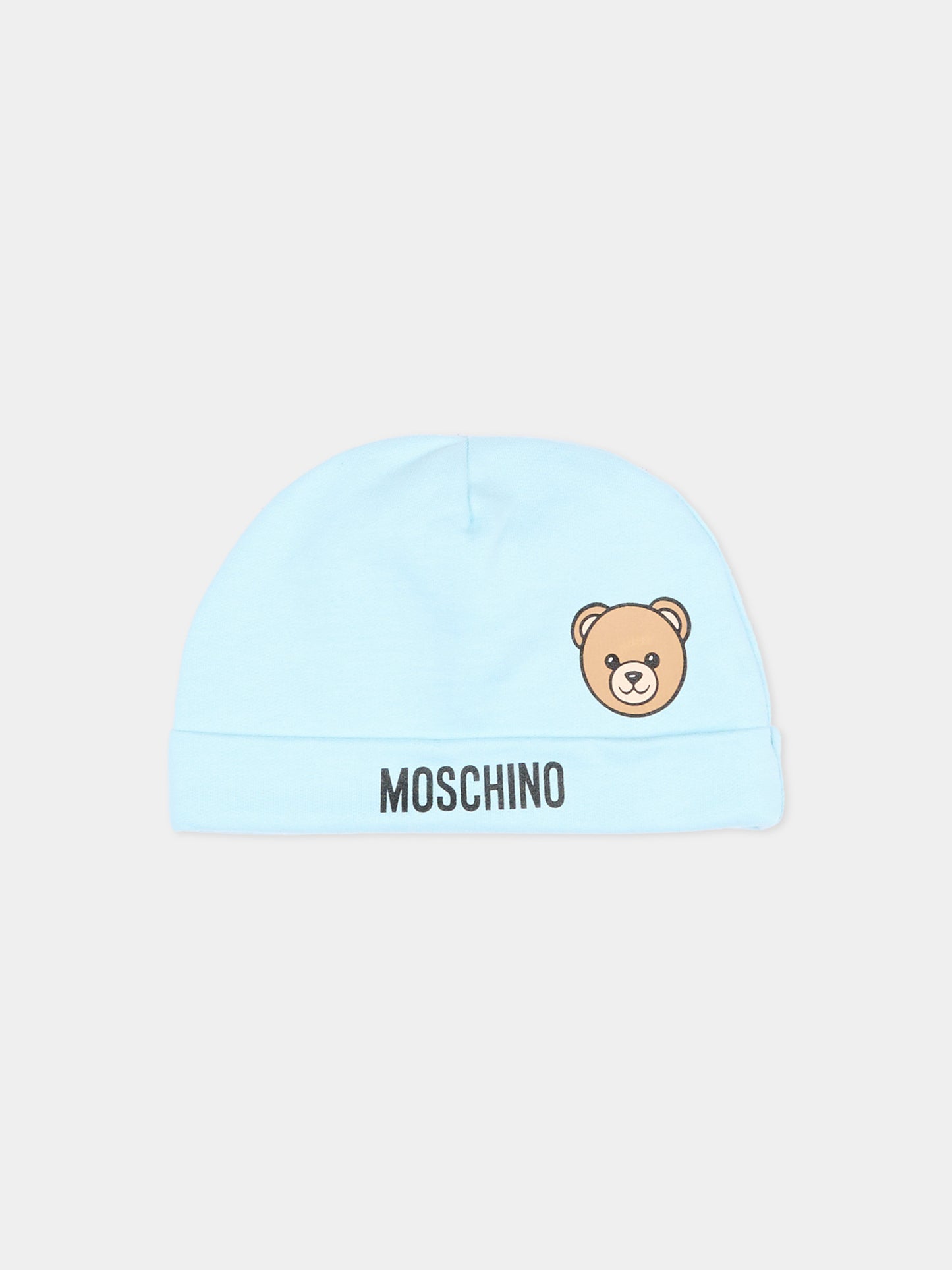 Cappello azzurro per neonato con Teddy Bear,Moschino Kids,MUX066 LCA40 40304