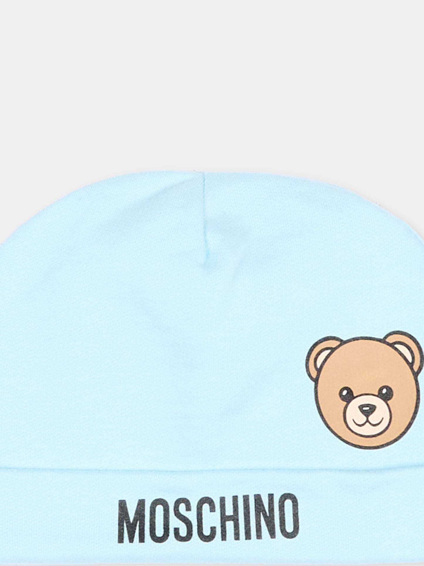 Cappello azzurro per neonato con Teddy Bear,Moschino Kids,MUX066 LCA40 40304