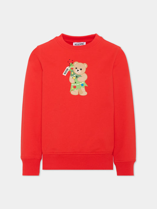 Felpa rossa per bambini con Teddy Bear,Moschino Kids,H5F08V LCA61 50109