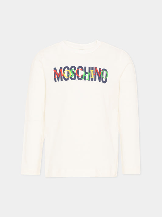 T-Shirt a manica lunga avorio per bambini con logo,Moschino Kids,HUO00Y LAA10 10063