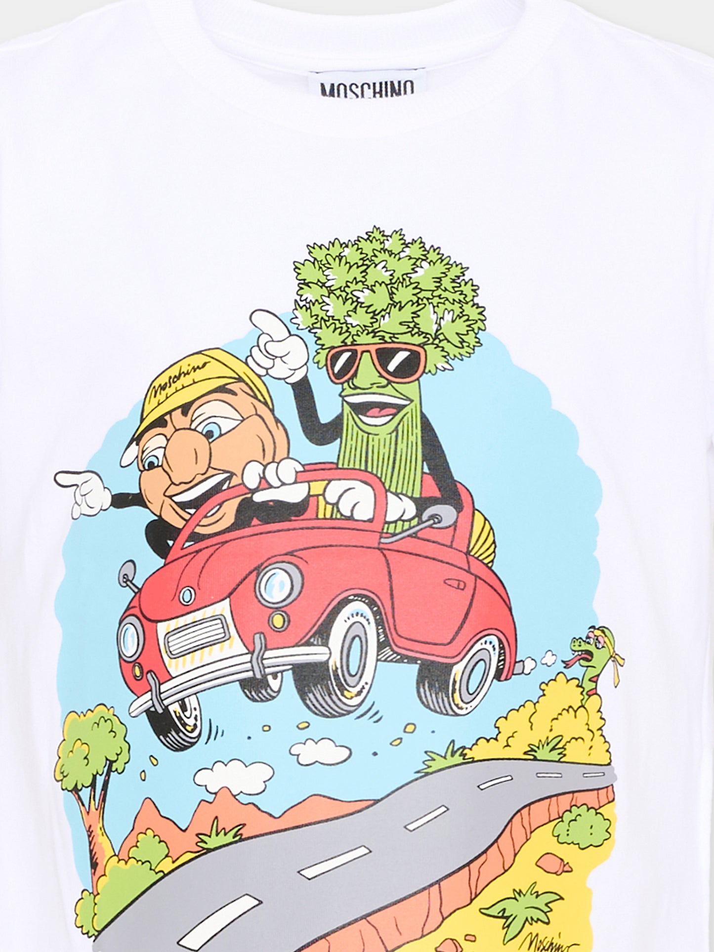 T-Shirt bianca per bambino con stampa cartoon e logo,Moschino Kids,HAM06V LAA10 10101