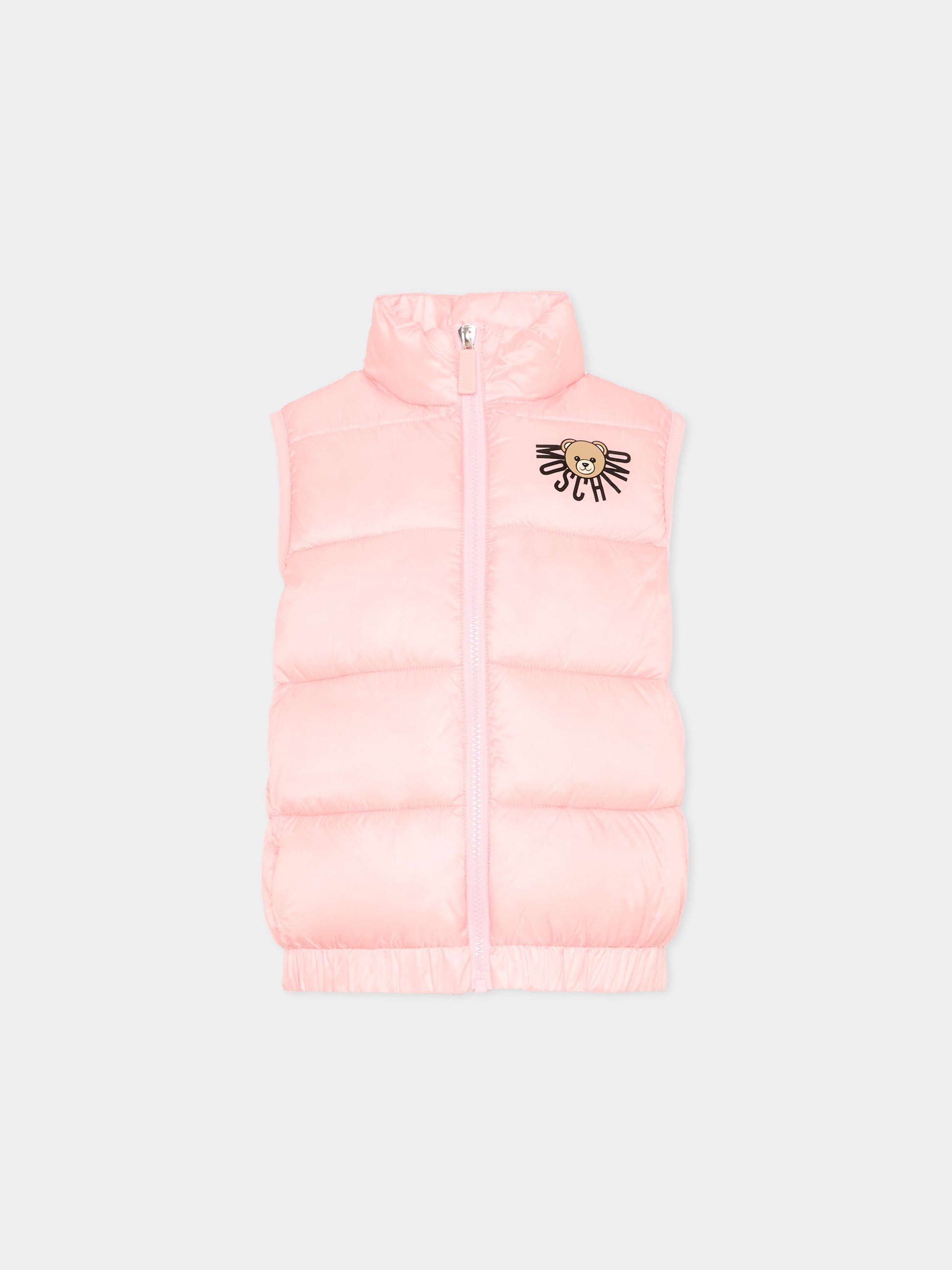 Gilet rosa per bambina con logo e Teddy Bear,Moschino Kids,HQS02K L3A32 50209