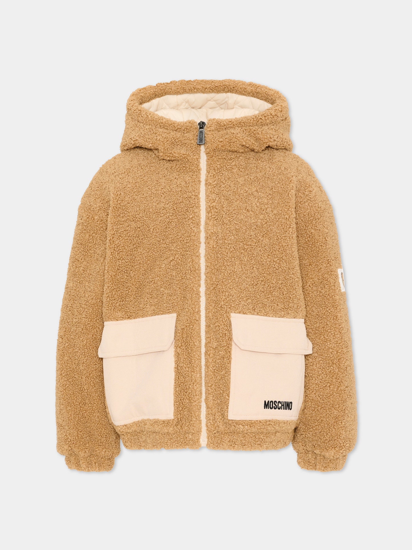 Ecopelliccia beige per bambini con logo,Moschino Kids,HUA008 LIA00 20351