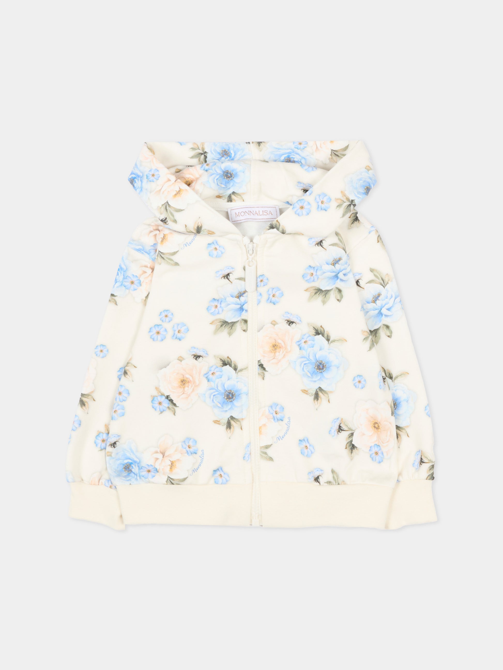 Felpa con cappuccio beige per neonati con stampa floreale,Monnalisa,39F803 6018 0258