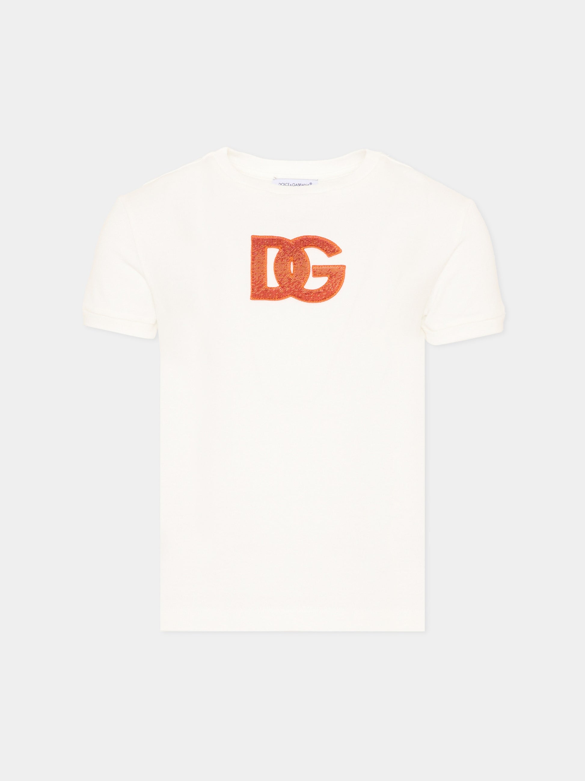 T-shirt avorio per bambina con logo,Dolce & Gabbana Kids,L5JTNJ G7P4E W0111