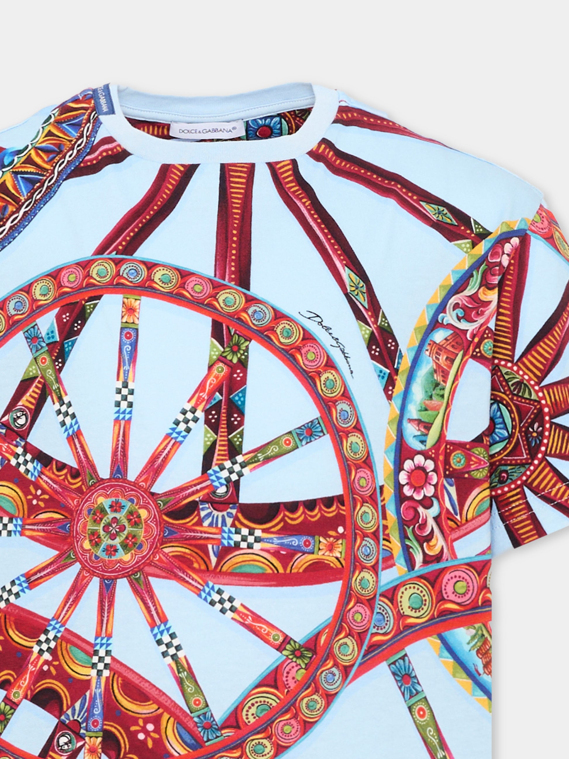T-Shirt celeste per bambino con carretto,Dolce & Gabbana Kids,L4JTHV HS7RH HC6DU