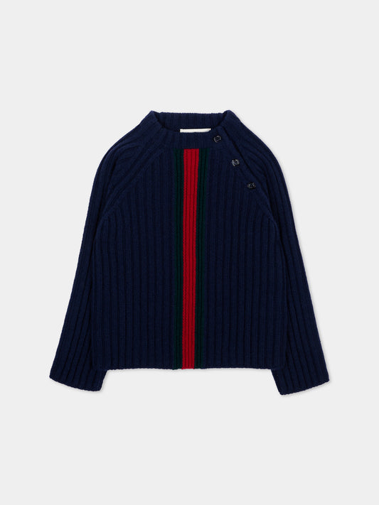Maglione blu per neonato con Web,Gucci Kids,866182 XKFIL 4154