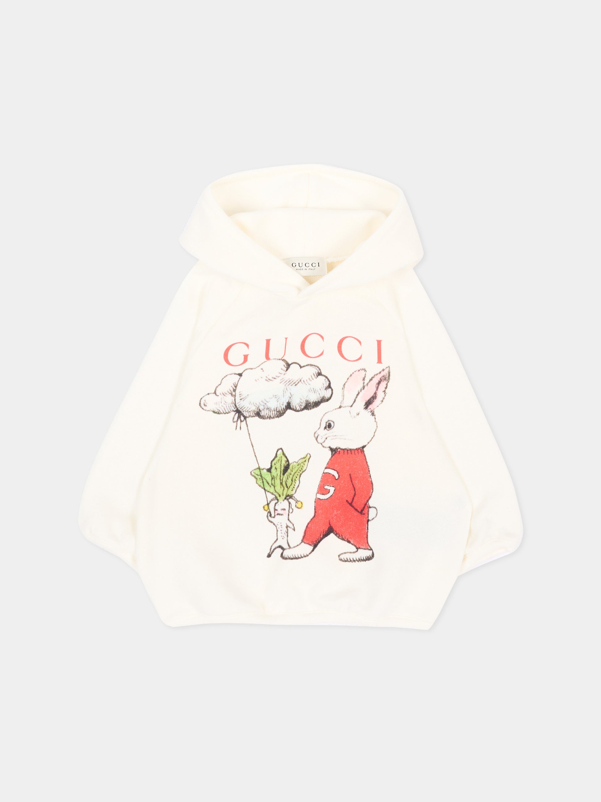 Felpa con cappuccio avorio per neonato con coniglio,Gucci Kids,749653 XJHZA 9214