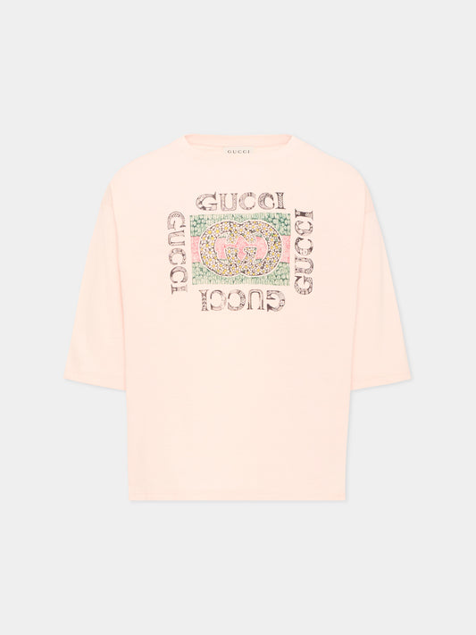 T-shirt à manches longues rose pour fille logo