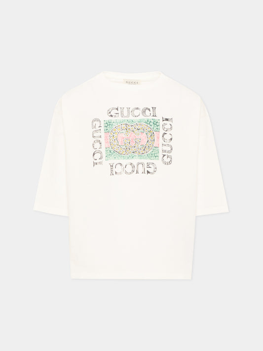 T-shirt à manches longues ivoire pour fille logo