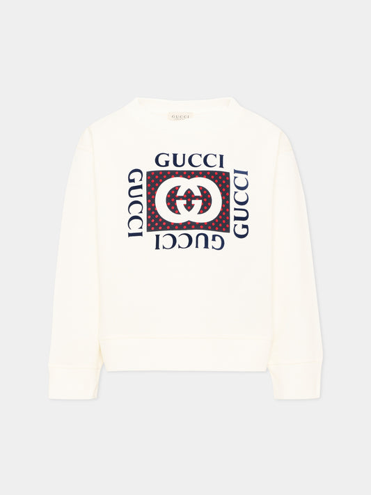 Sweat-shirt à col rond ivoire pour fille logo