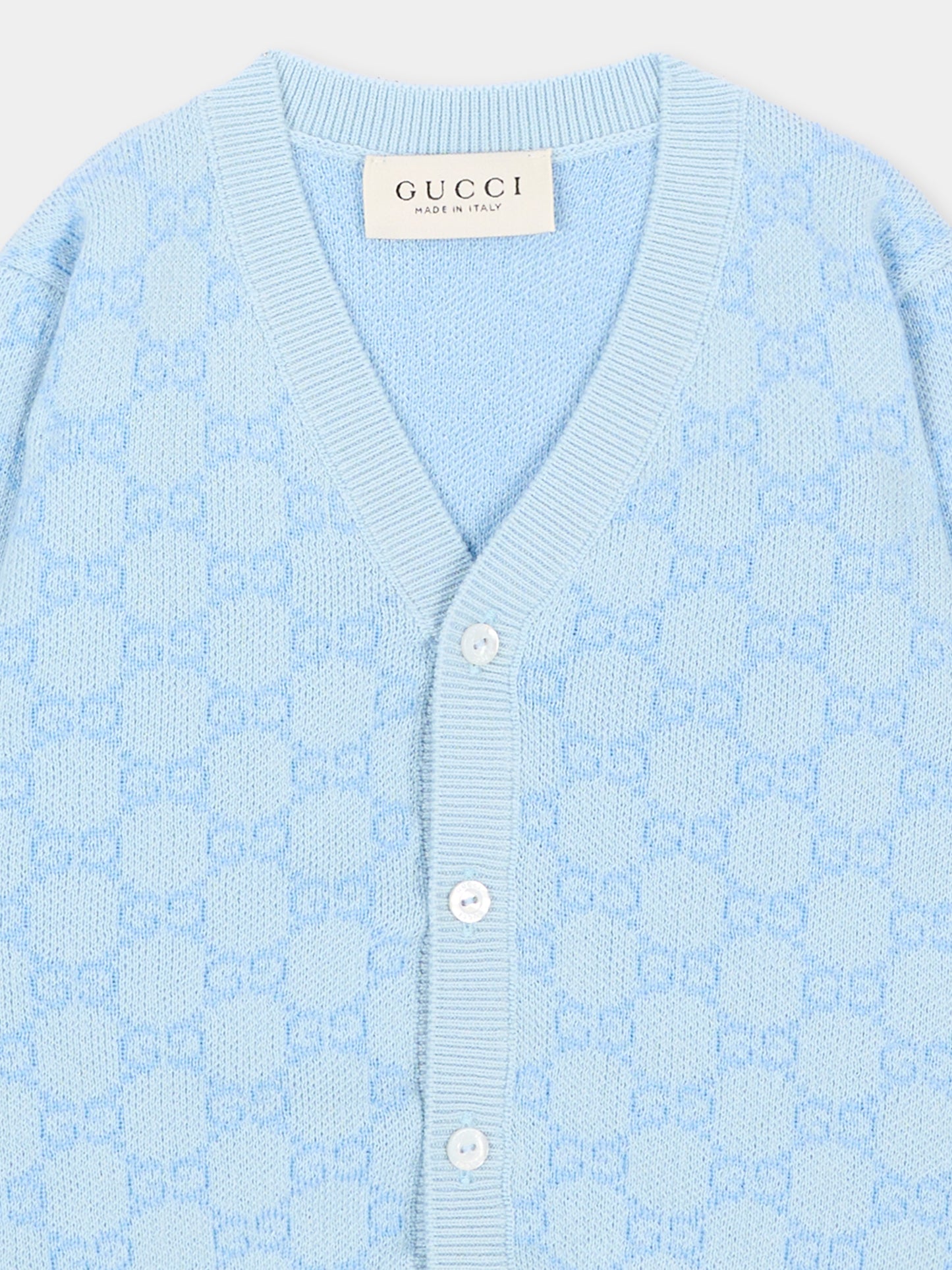 Cardigan celeste per neonato Jacquard GG,Gucci Kids,834348 XKFQX 4012