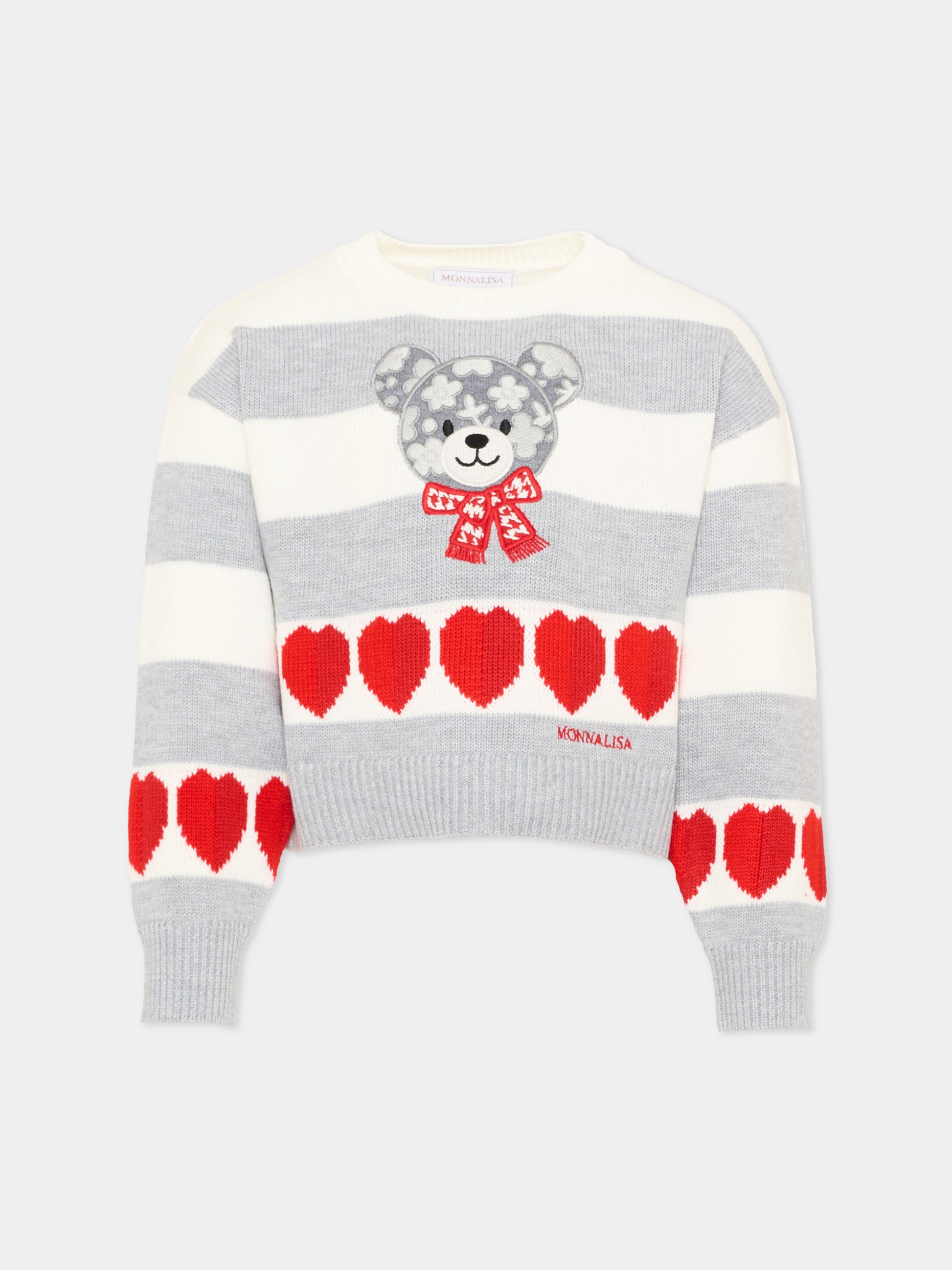 Maglione grigio per bambina con orsetto,Monnalisa,19H606 8062 0132