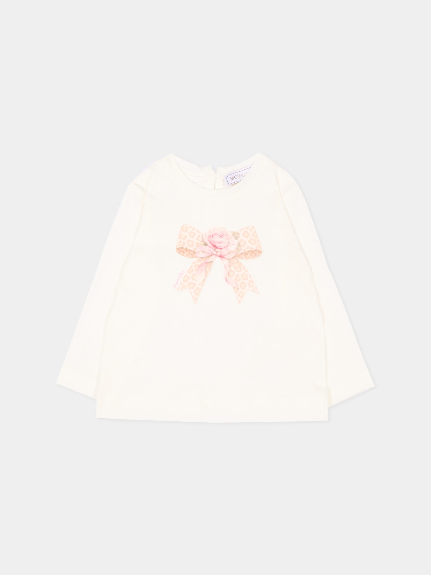 T-shirt avorio per neonata con fiocco,Monnalisa,39H600 8002 0001