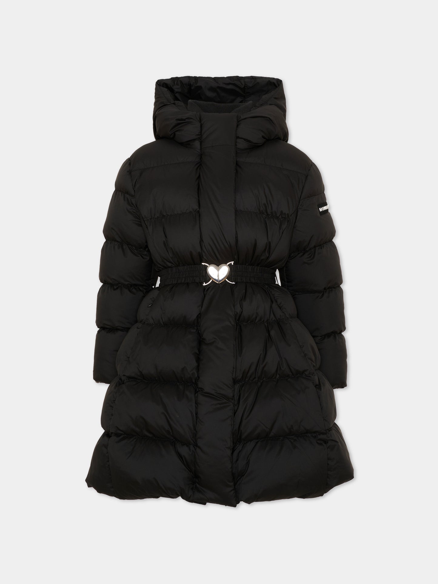 Piumino nero per bambina con cintura,Monnalisa,17H100 8020 0050