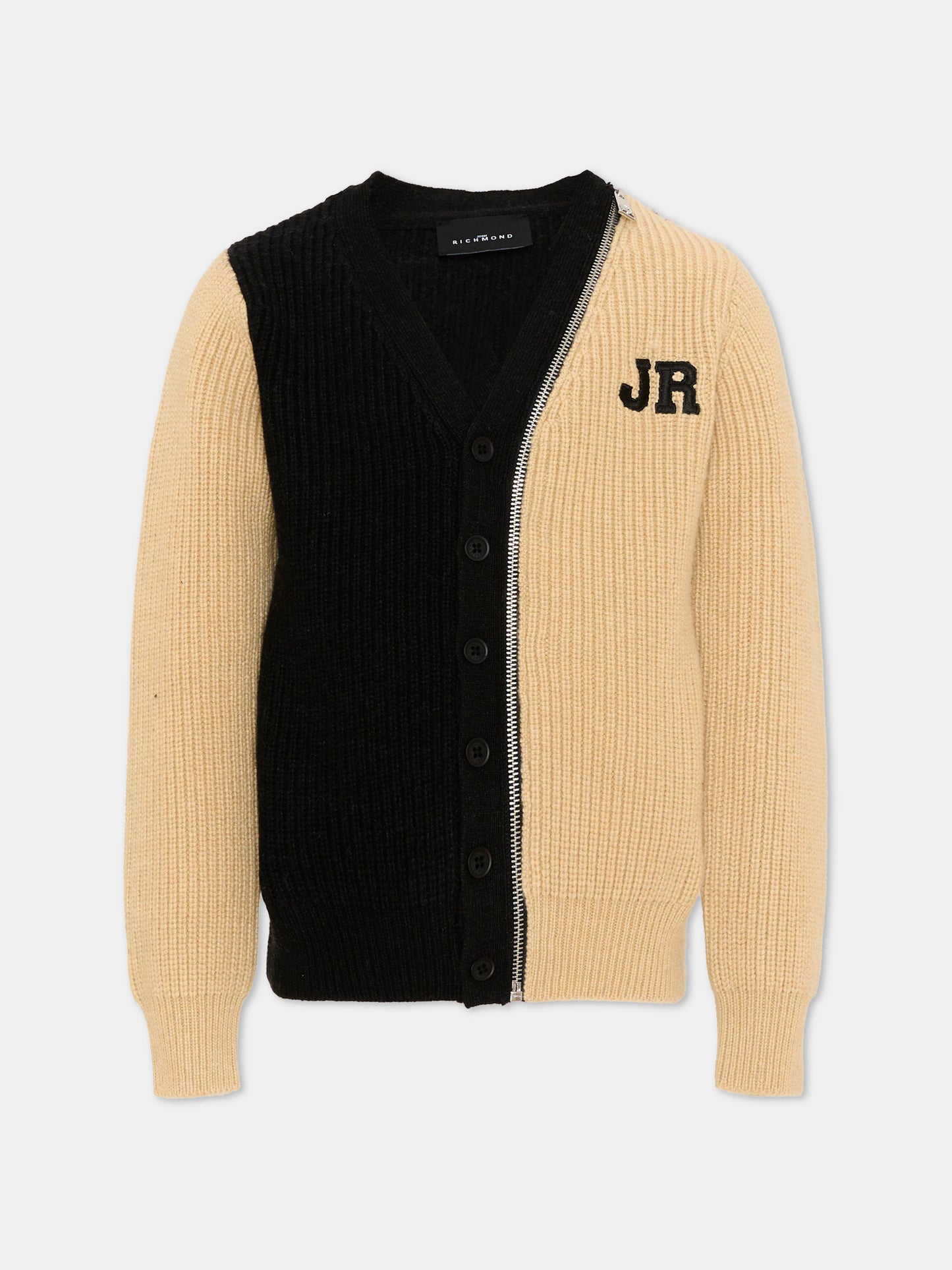 Cardigan multicolor per bambino con logo,Richmond,RBA26093CD KHAKI_P/BK KHAKI PALE