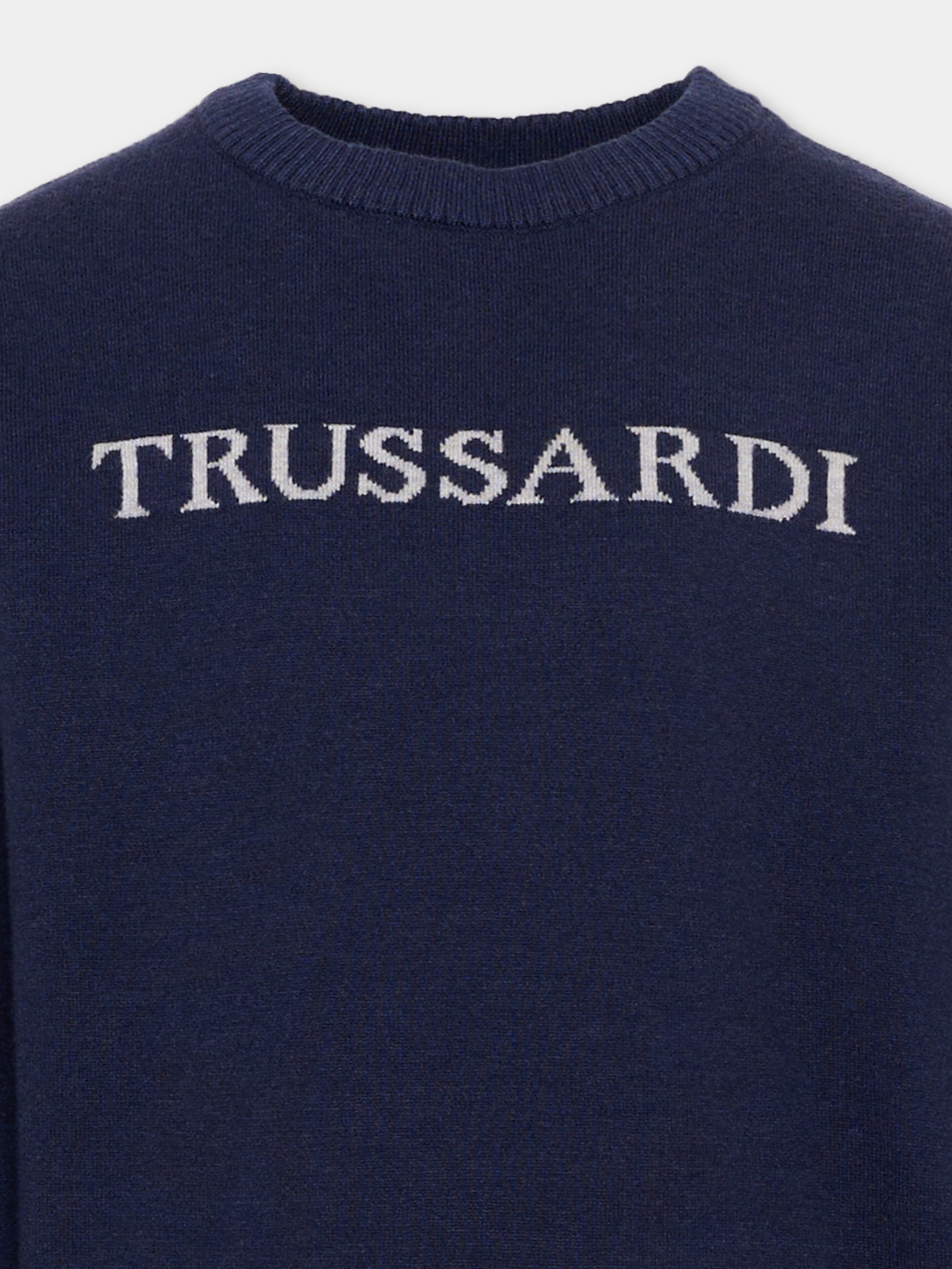 Maglione blu per bambino con logo,Trussardi Junior,TBA26021MA BLUE_NAVAL BLUE NAVAL