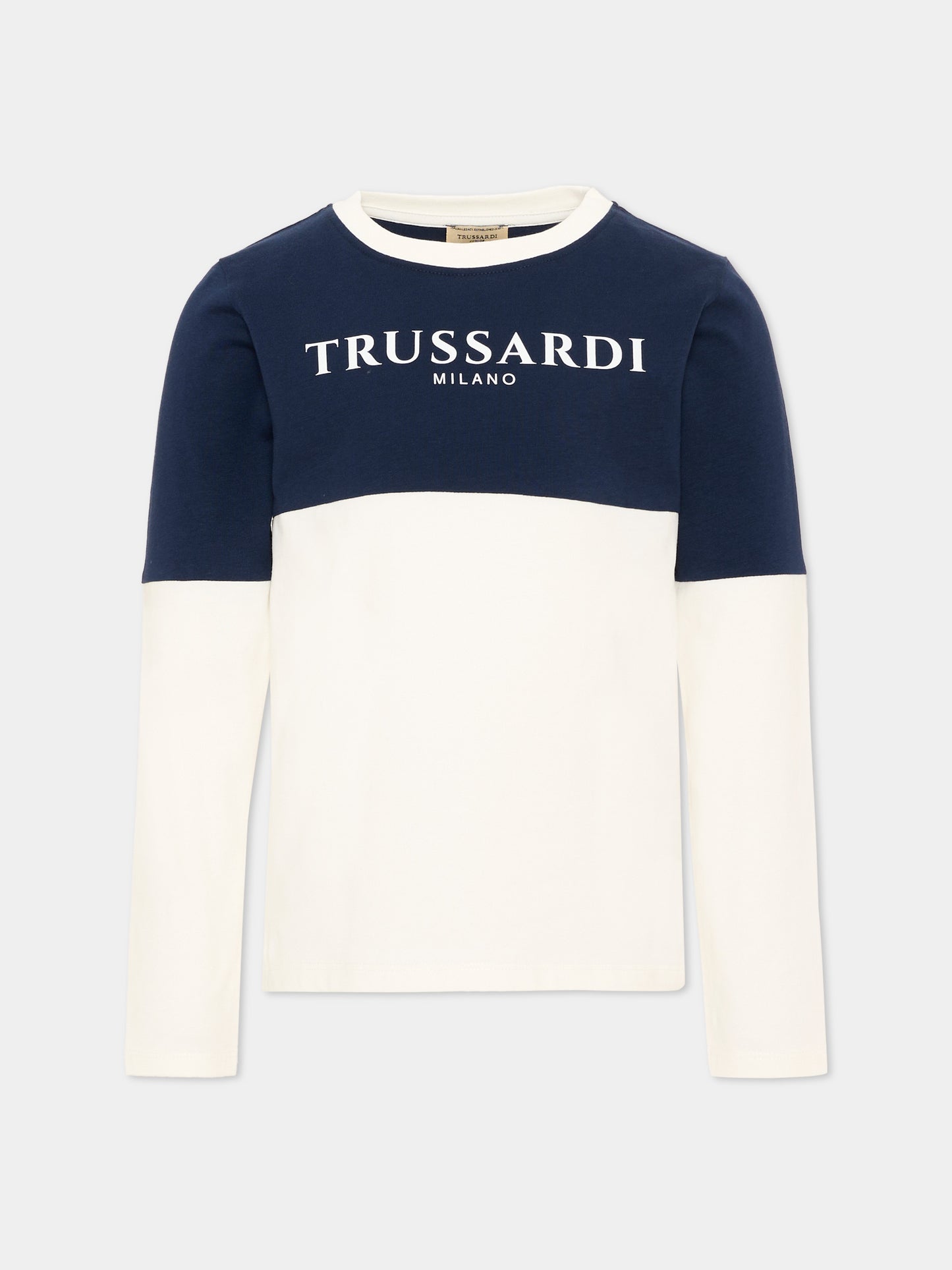 T-shirt avorio per bambino con logo,Trussardi Junior,TIA26055TS O-WHT/BL.N OFF-WHITE