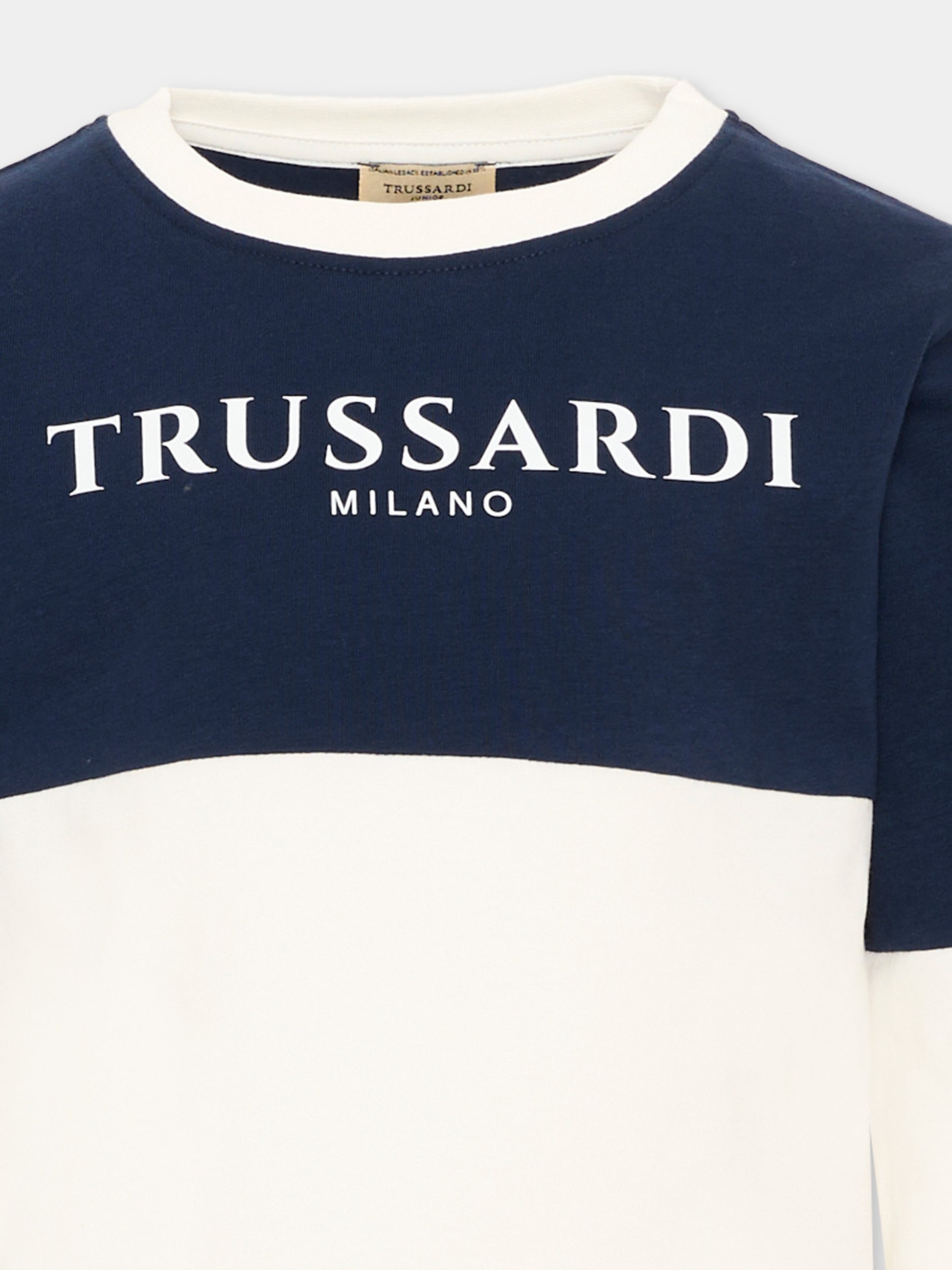 T-shirt avorio per bambino con logo,Trussardi Junior,TIA26055TS O-WHT/BL.N OFF-WHITE