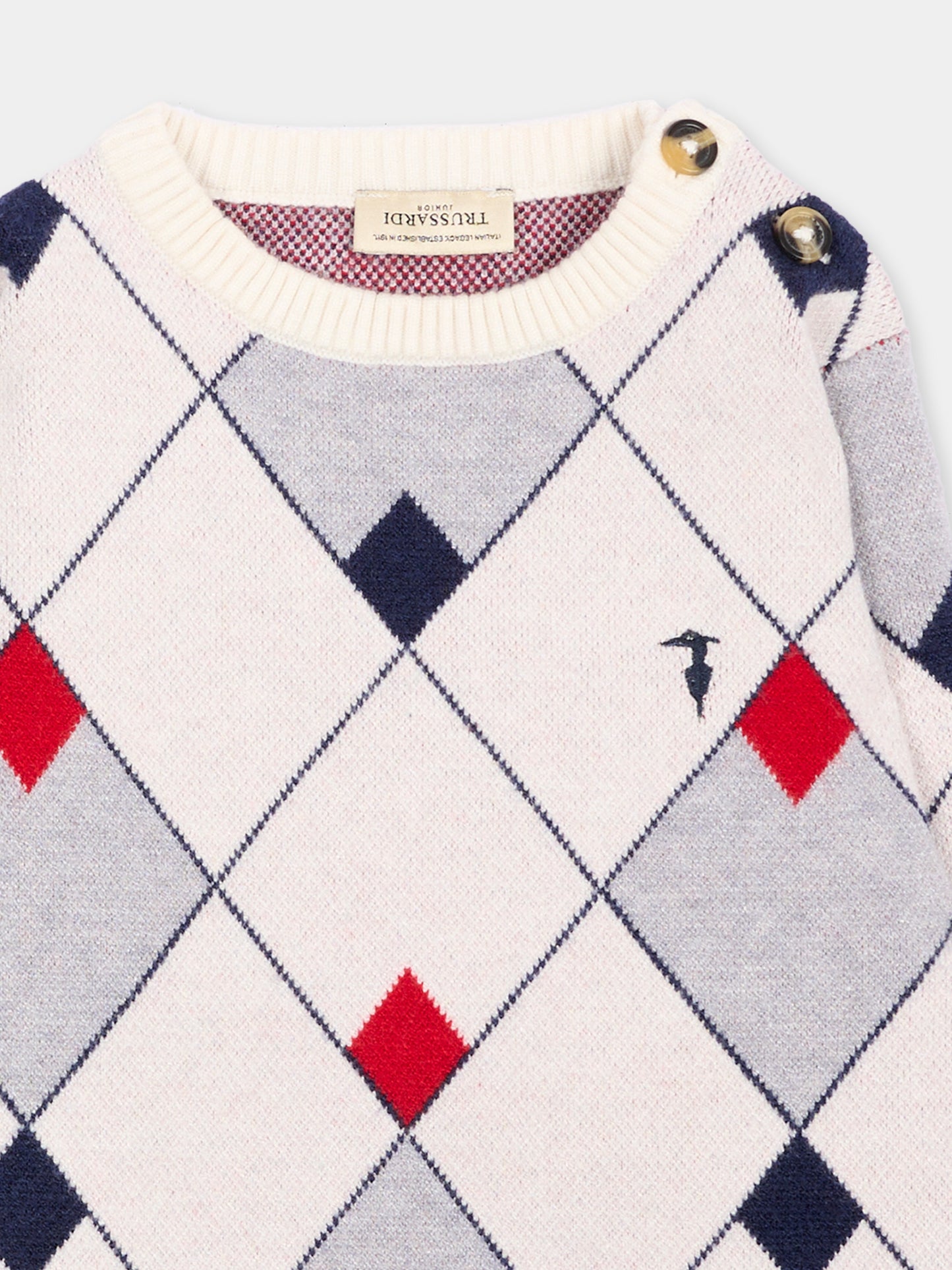 Maglione blu per neonato a rombi con logo,Trussardi Junior,TIA26052MA BLUE_N/OW/ BLUE NAVAL