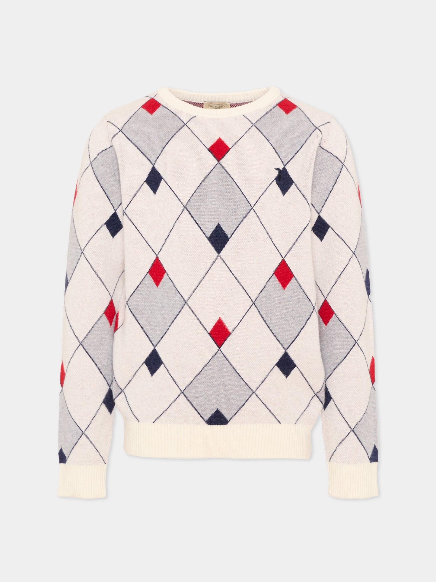 Maglione blu per bambino a rombi con logo,Trussardi Junior,TIA26052MA BLUE_N/OW/ BLUE NAVAL