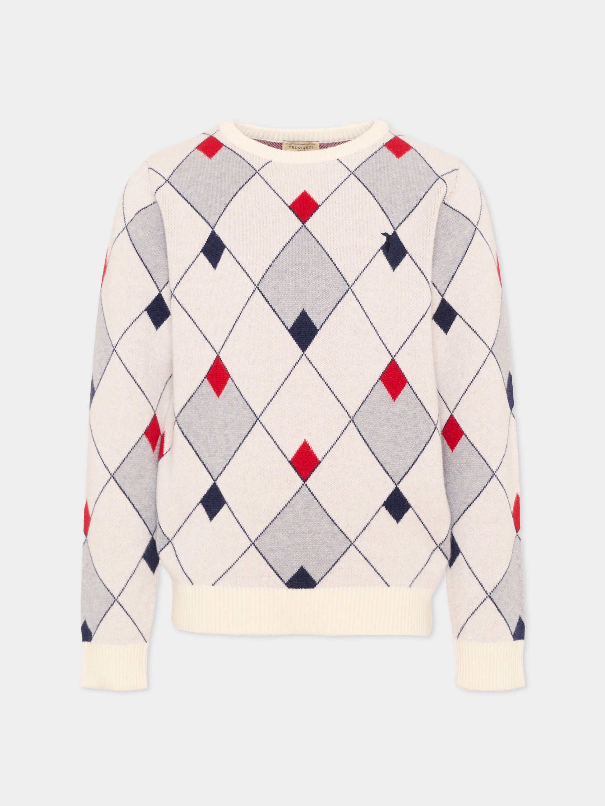 Maglione blu per bambino a rombi con logo,Trussardi Junior,TIA26052MA BLUE_N/OW/ BLUE NAVAL