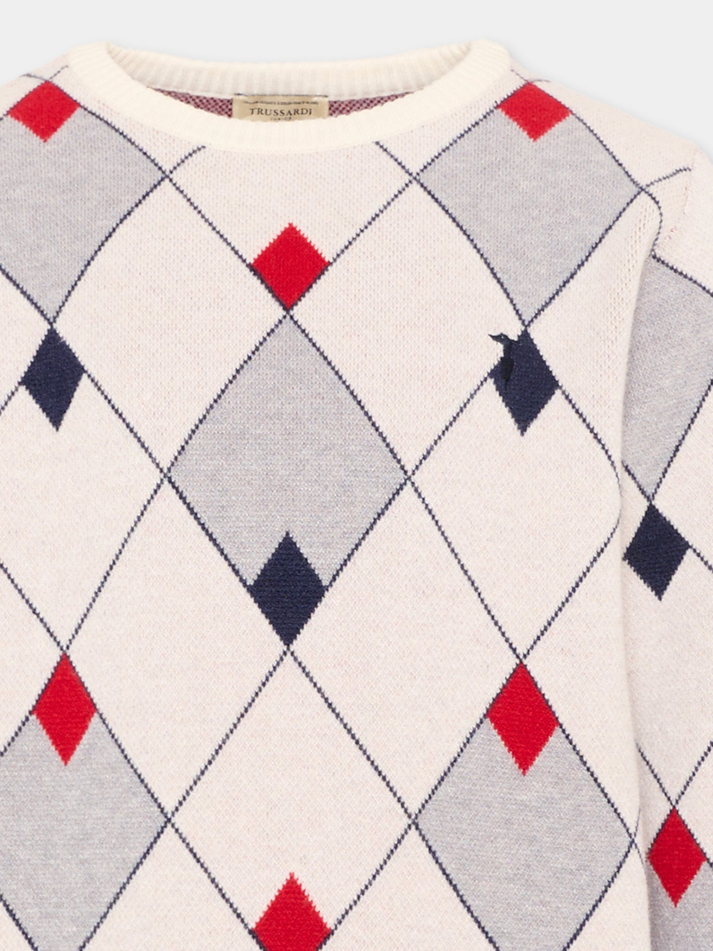 Maglione blu per bambino a rombi con logo,Trussardi Junior,TIA26052MA BLUE_N/OW/ BLUE NAVAL